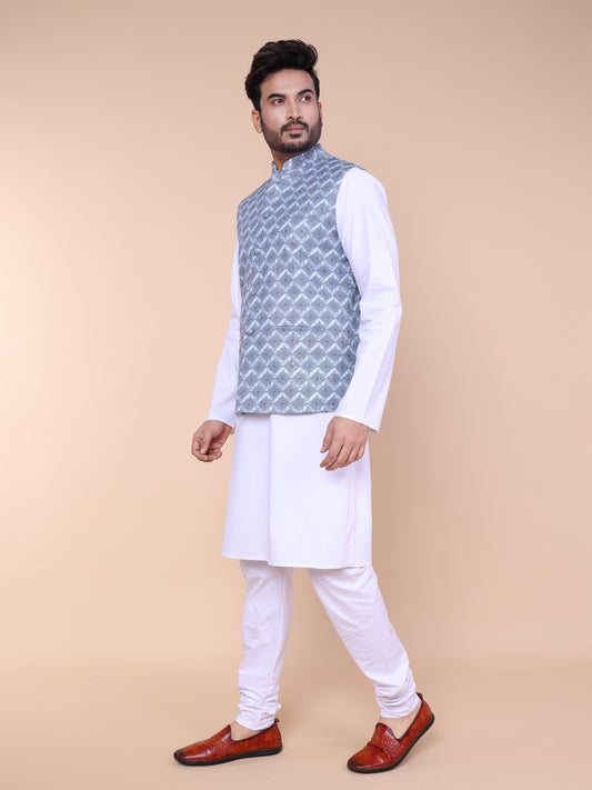 Men’s Silk White Kurta Pyjama with Grey Printed Jacket