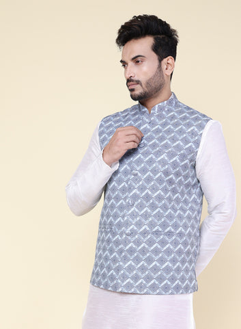 Men’s Blue Printed Silk Blend Nehru Jacket with Geometric Print