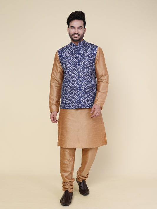 Men’s Silk Kurta Pyjama Set with Blue Ikat Printed Jacket
