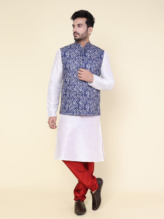 Men’s Silk White Kurta Pyjama Set with Blue Ikat Printed Jacket