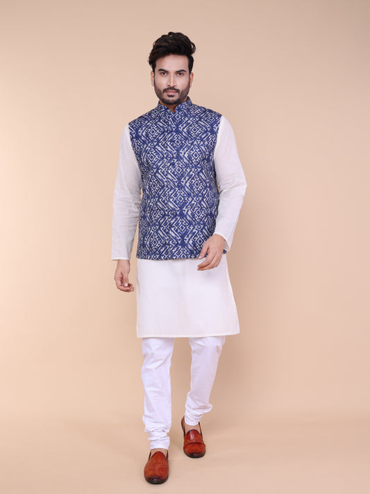 Men’s Silk Ikat Printed Jacket with White Kurta Pyjama Set