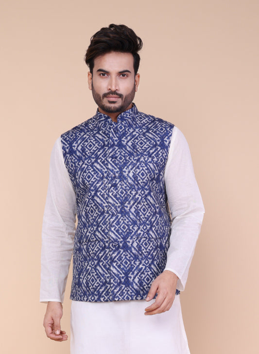 Men’s Navy Blue Printed Silk Blend Nehru Jacket with Geometric Print