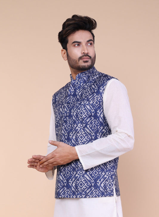 Men’s Navy Blue Printed Silk Blend Nehru Jacket with Geometric Print