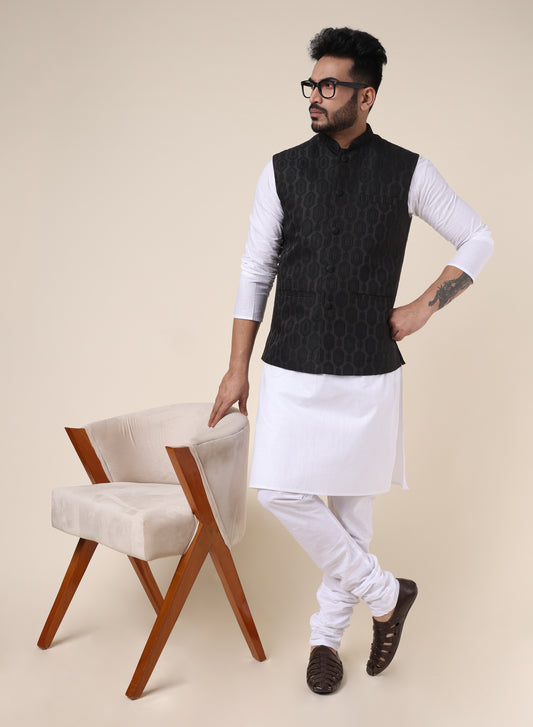 Men’s White Silk Kurta Pajama Set with Black Jacket
