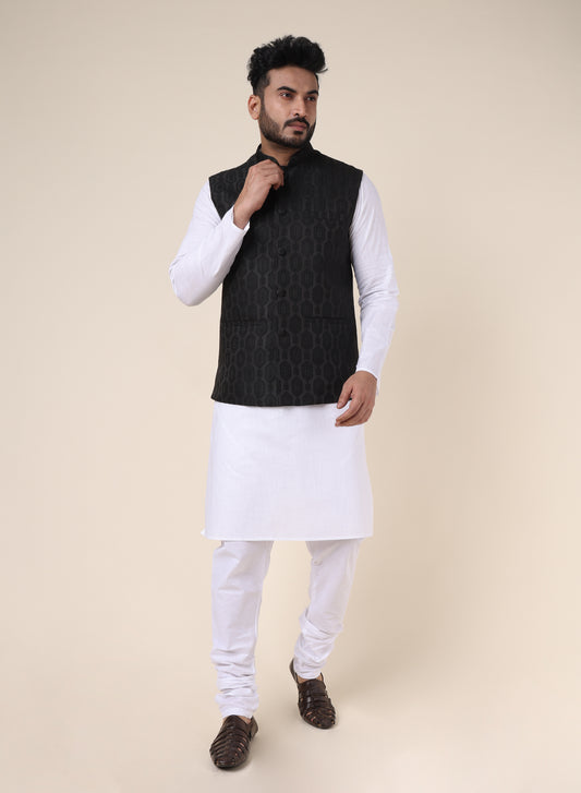 Men’s White Silk Kurta Pajama Set with Black Jacket