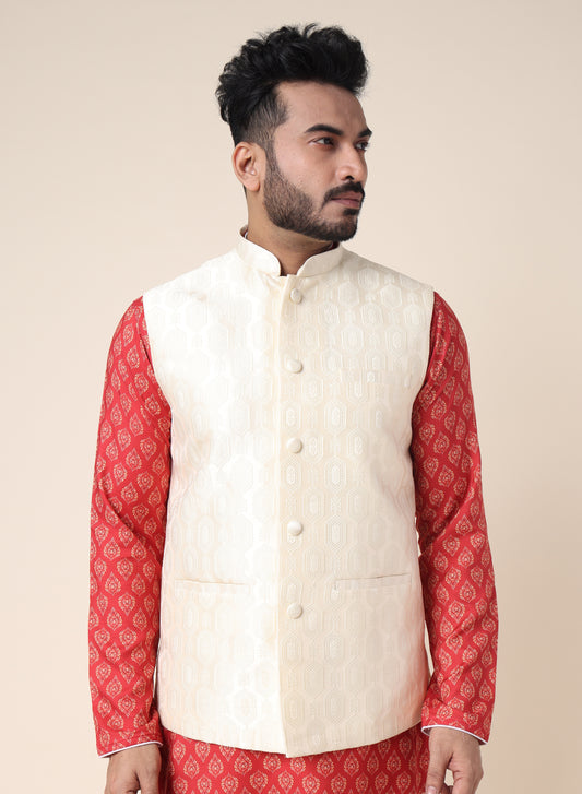 Men’s Cream Silk Blend Nehru Jacket with Geometric Print