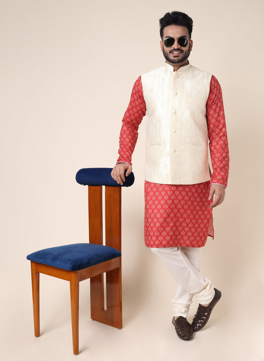 Men’s Red Printed Silk Kurta and White Pajama with Cream Jacket