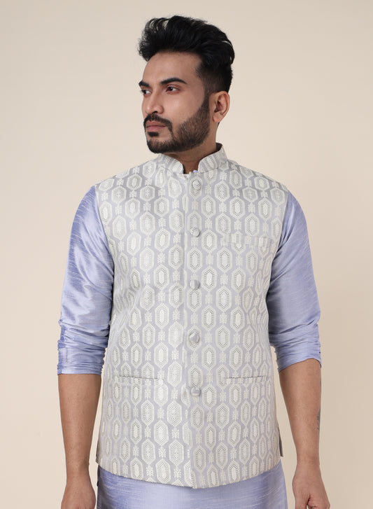 Men’s Grey Silk Blend Nehru Jacket with Geometric Print