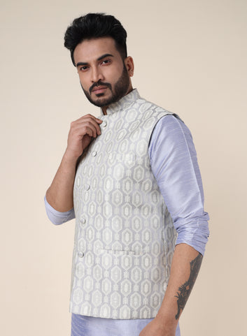 Men’s Grey Silk Blend Nehru Jacket with Geometric Print