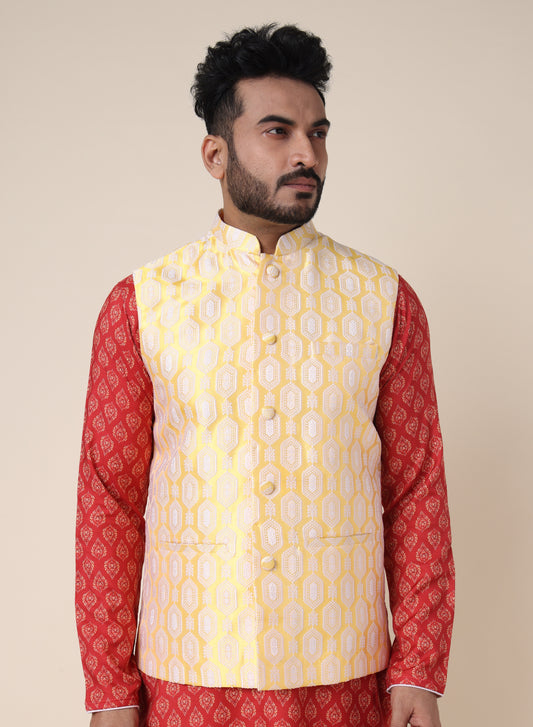 Men’s Yellow Silk Blend Nehru Jacket with Geometric Print