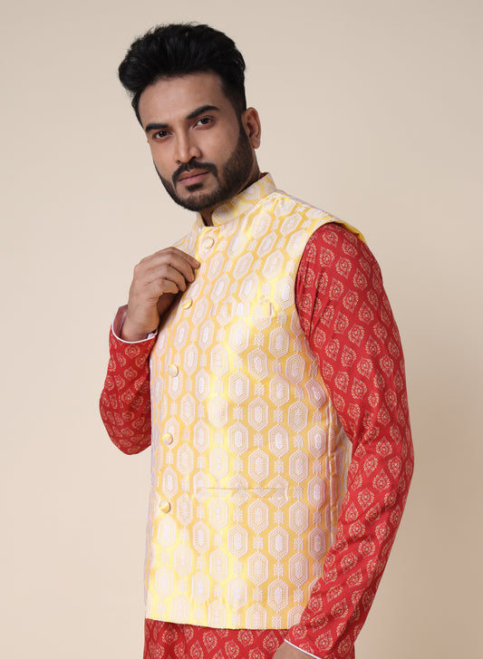 Men’s Yellow Silk Blend Nehru Jacket with Geometric Print