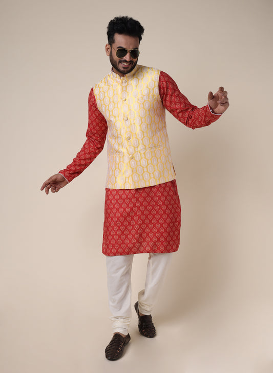 Men’s Red Printed Silk Kurta and White Pajama Set with Yellow Jacket