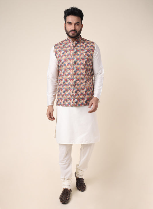 Men’s White Silk Kurta Pajama Set with Printed Jacket