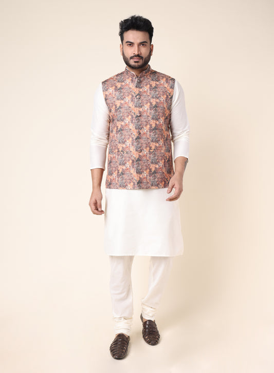 Men’s White Silk Kurta Pajama with Printed Jacket