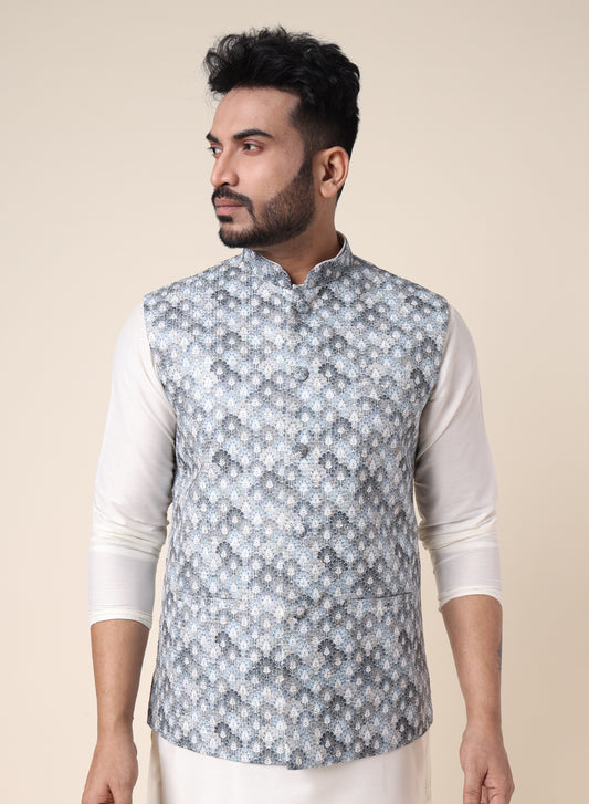 Men’s Light Blue Printed Nehru Jacket