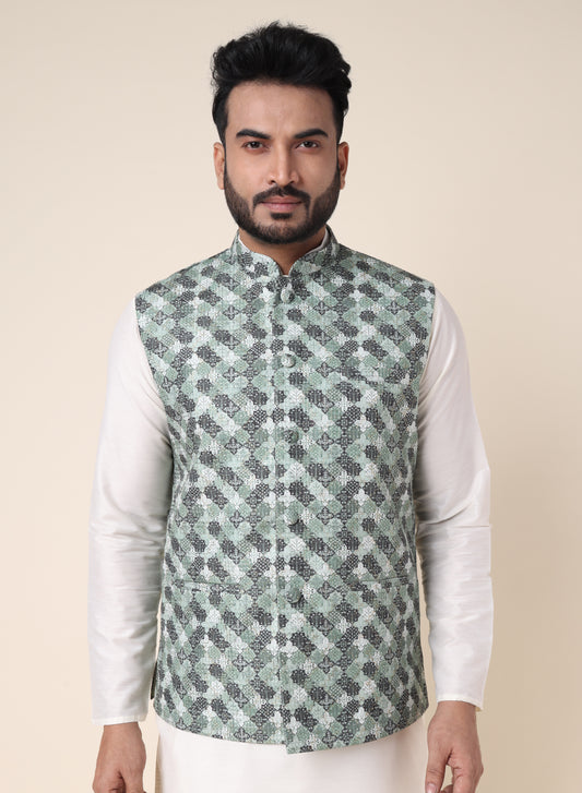 Men’s Geometric Pattern Silk Blend Nehru Jacket