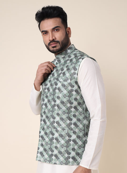 Men’s Geometric Pattern Silk Blend Nehru Jacket