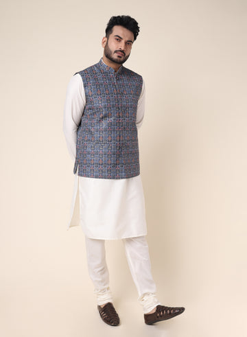 Men’s White Silk Kurta Pajama Set with Line Patterned Jacket