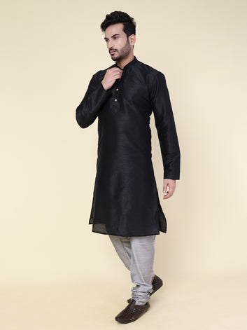 Men's Black Silk Blend Kurta with Grey Pajama