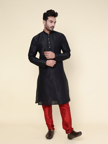 Men's Black Silk Blend Kurta with Maroon Pajama