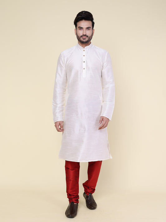 Men's Cream Silk Blend Kurta with Maroon Pajama