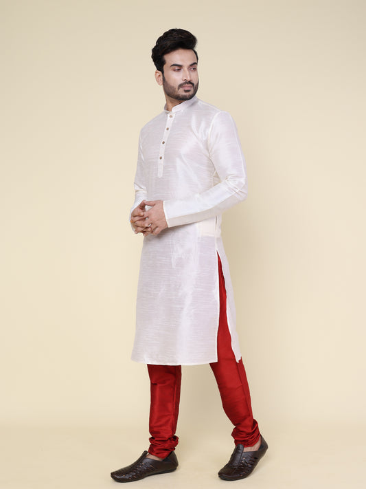 Men's Cream Silk Blend Kurta with Maroon Pajama