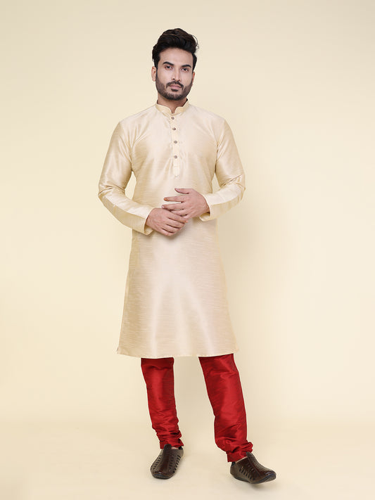 Men's Gold Silk Blend Kurta with Maroon Pajama