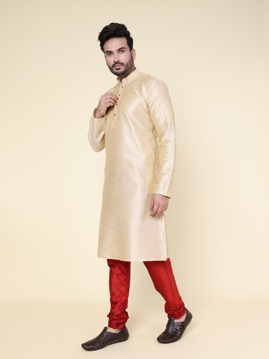 Men's Gold Silk Blend Kurta with Maroon Pajama