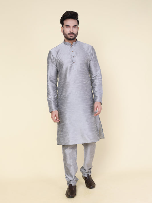 Men's Grey Silk Blend Kurta with Grey Pajama