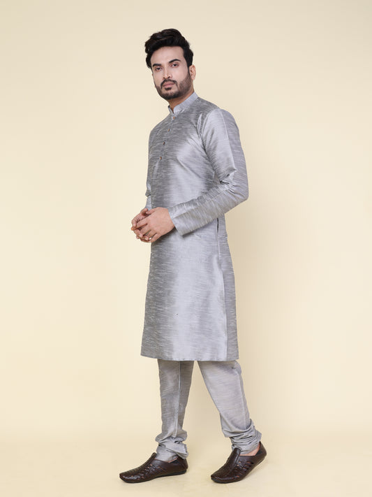 Men's Grey Silk Blend Kurta with Grey Pajama