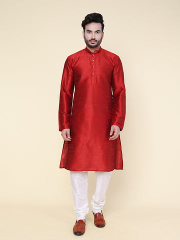 Men's Maroon Silk Blend Kurta with Cream Pajama