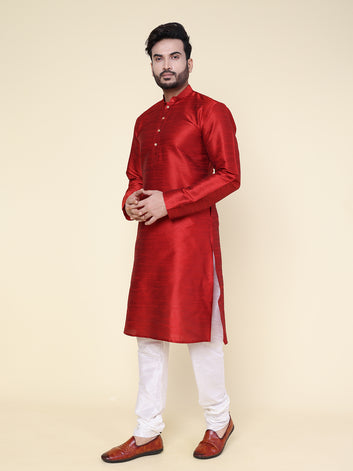 Men's Maroon Silk Blend Kurta with Cream Pajama