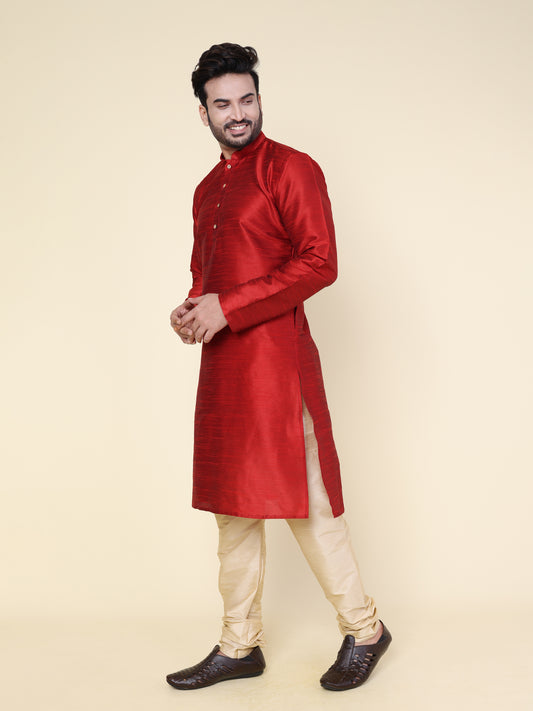 Men's Maroon Silk Blend Kurta with Gold Pajama