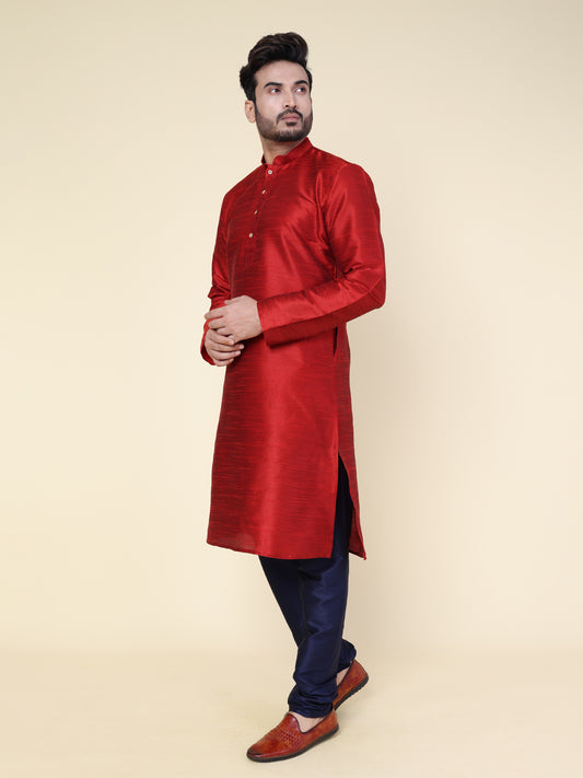 Men's Maroon Silk Blend Kurta with Navy Blue Pajama