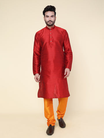 Men's Maroon Silk Blend Kurta with Orange Pajama