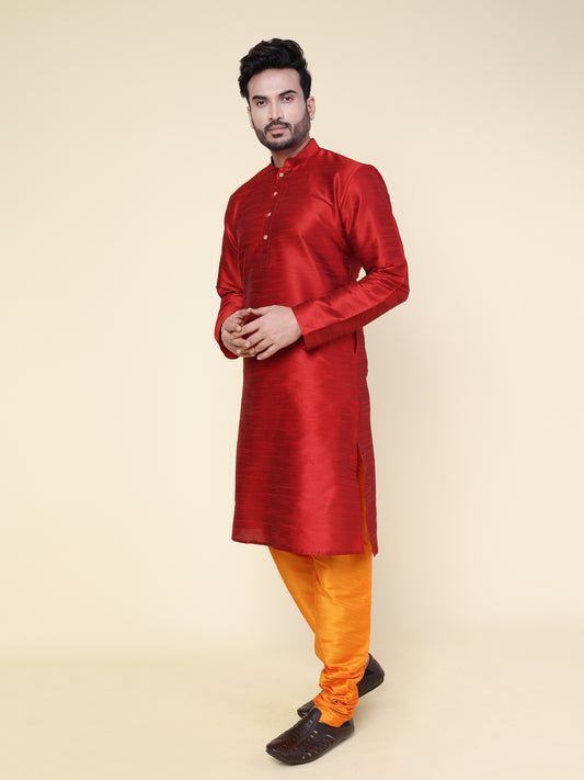 Men's Maroon Silk Blend Kurta with Orange Pajama