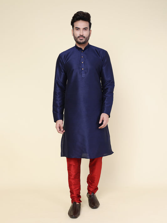 Men's Navy Blue Silk Blend Kurta with Maroon Pajama