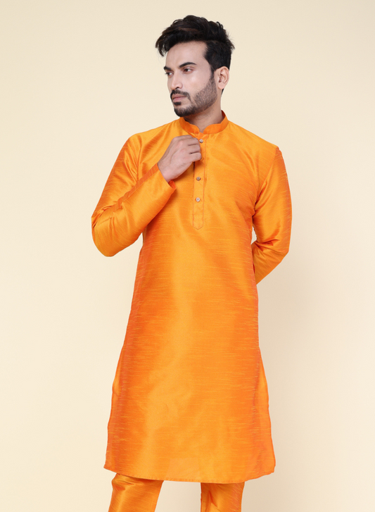 Men's Orange Silk Blend Kurta