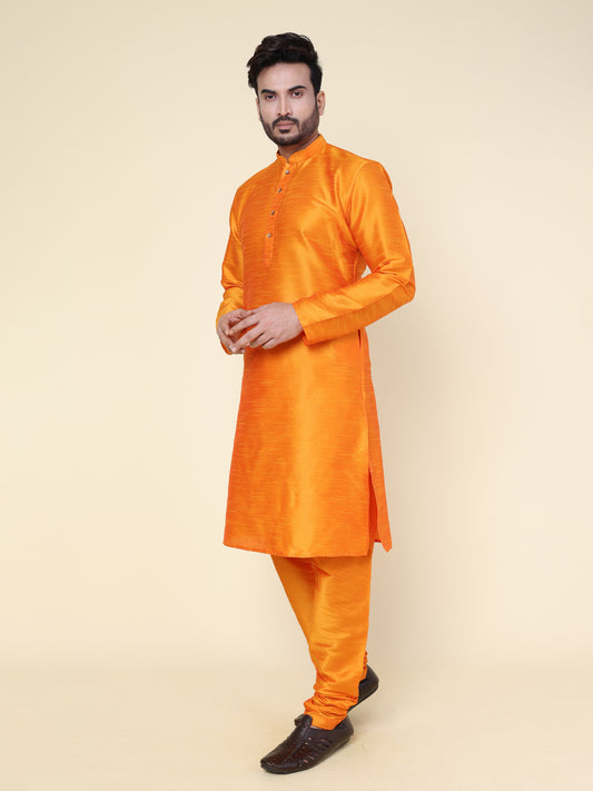 Men's Orange Silk Blend Kurta with Pajama