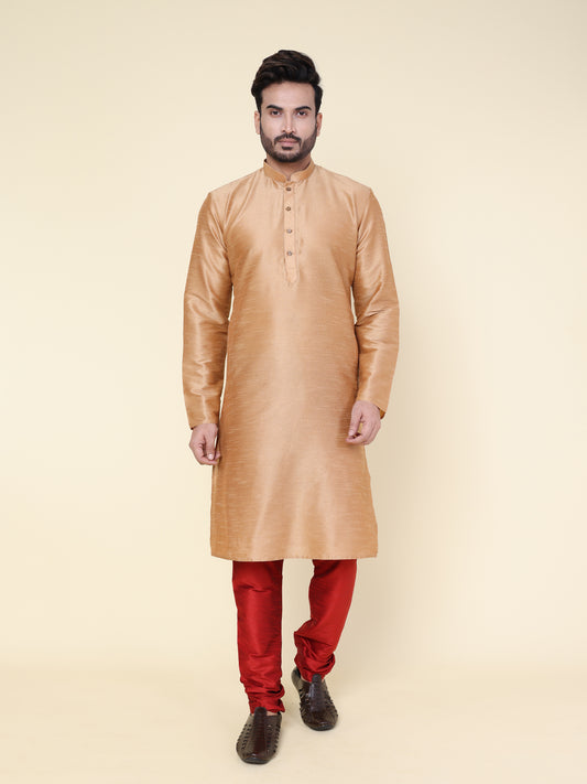 Men's Rose Gold Silk Blend Kurta with Maroon Pajama