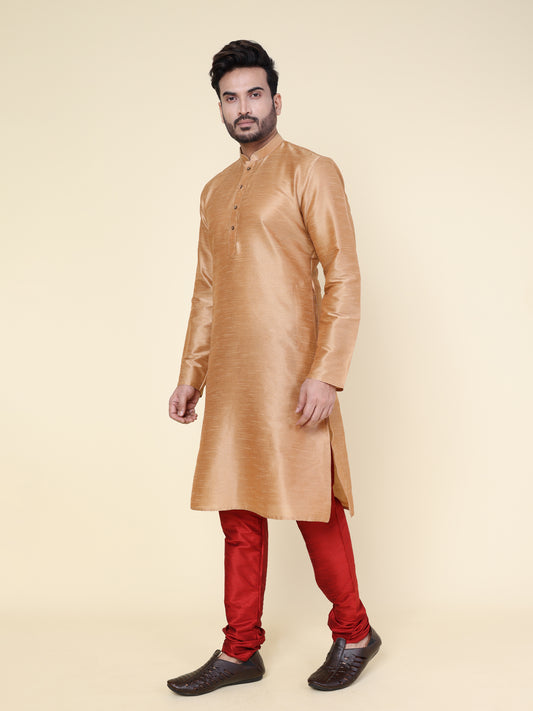 Men's Rose Gold Silk Blend Kurta with Maroon Pajama