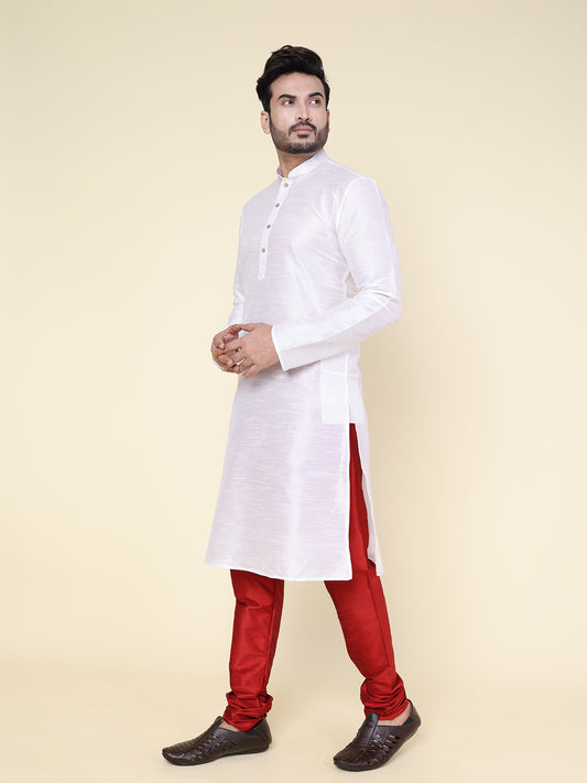 Men's White Silk Blend Kurta with Maroon Pajama