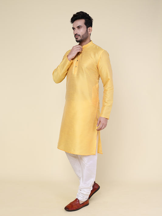Men's Yellow Silk Blend Kurta with White Pajama