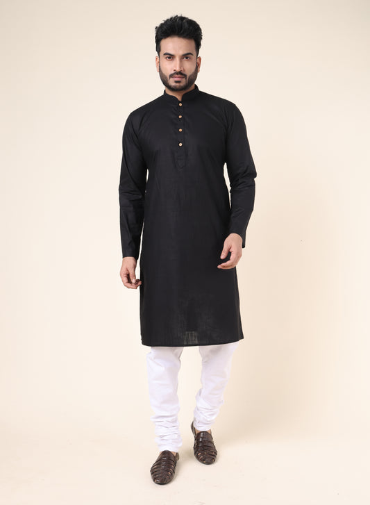 Men's Solid Cotton Black Kurta
