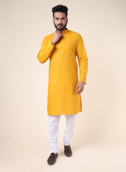 Men's Solid Cotton Mustard Kurta