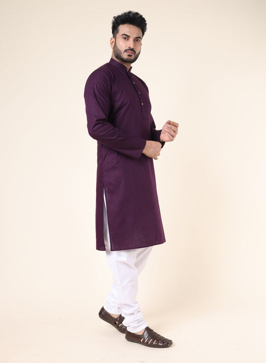 Men's Solid Cotton Purple Kurta