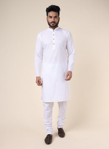 Men's Solid Cotton White Kurta with Pajama