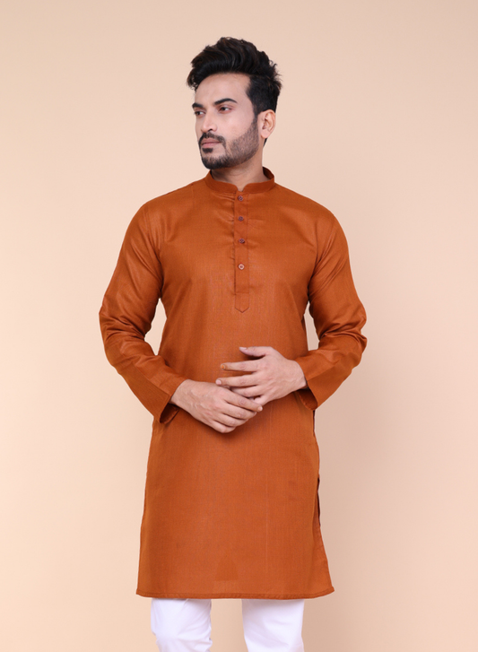Men's Solid Cotton Rust Kurta