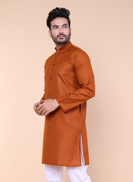 Men's Solid Cotton Rust Kurta