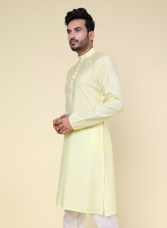 Men's Solid Silk Yellow Kurta with Pajama